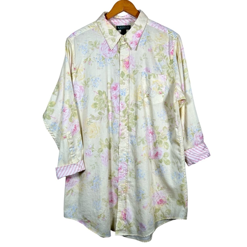 RALPH LAUREN Vintage Cottage Floral Embroidered Button Down Nightgown